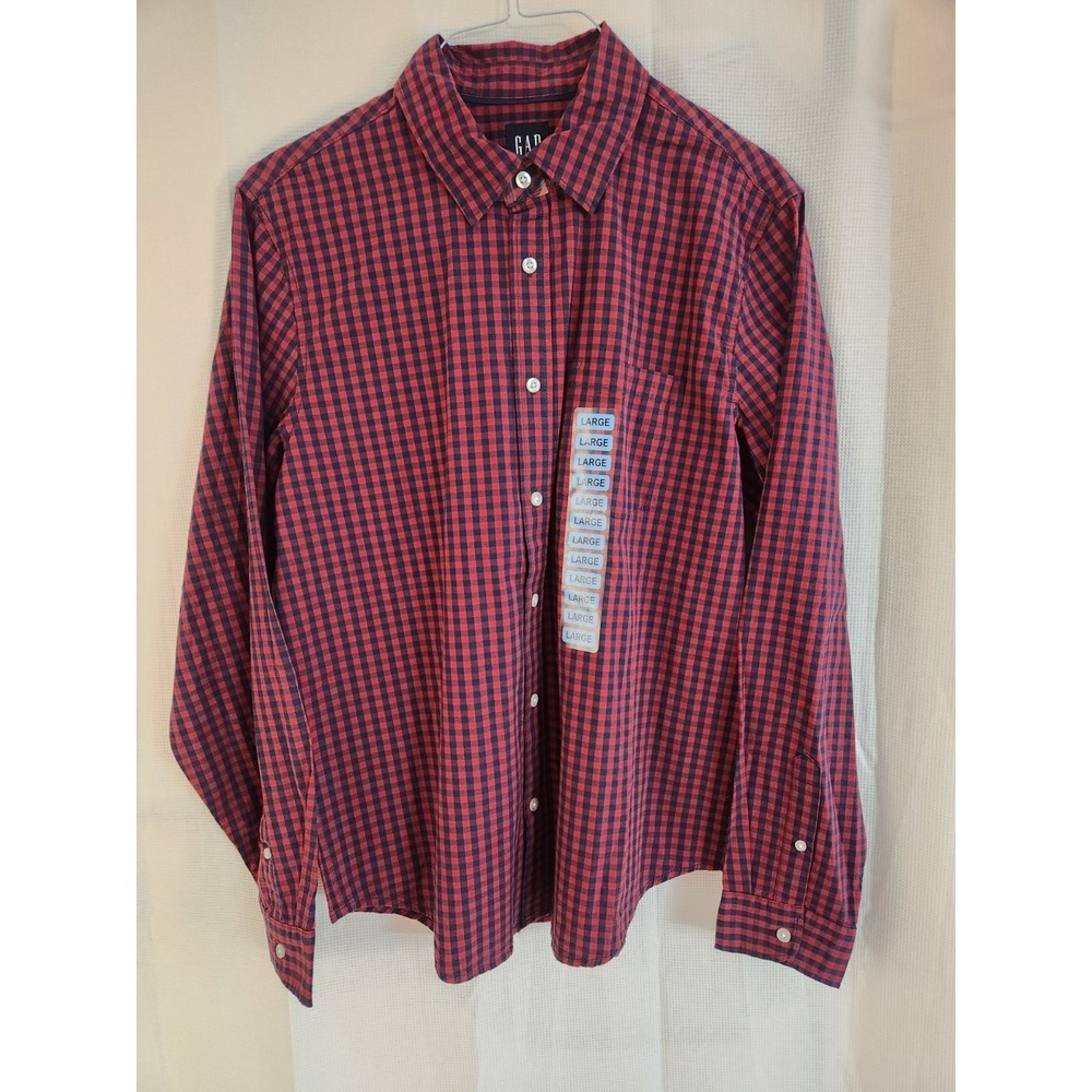 Gap Shirt Mens LARGE Red‎ Navy Check Regular  Fit Button Up Long Sleeves NWT